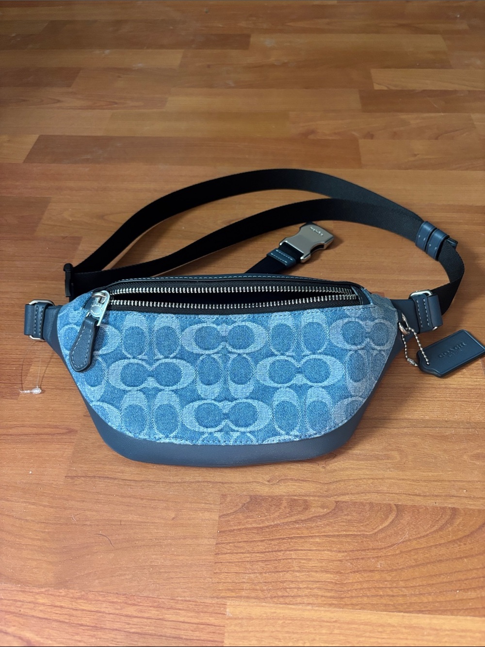 Coach Blue NWOT Denim Signature Belt Bag with Navy Leather Trim